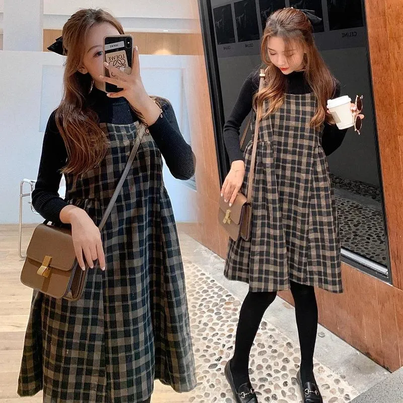 Kleider 6613# Herbst Koreanische Mode Umstandskleid Anzüge Elegante Heiße Kleidung für Schwangere Frauen Winter Schwangerschaft Plaid Weste Kleid Hemd