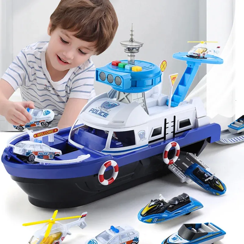 Voiture électrique RC pour enfants, jouets de Simulation, piste d'inertie, bateau moulé sous pression, véhicules, histoire musicale, éclairage, modèle de bateau, stationnement pour garçons, cadeau 231218