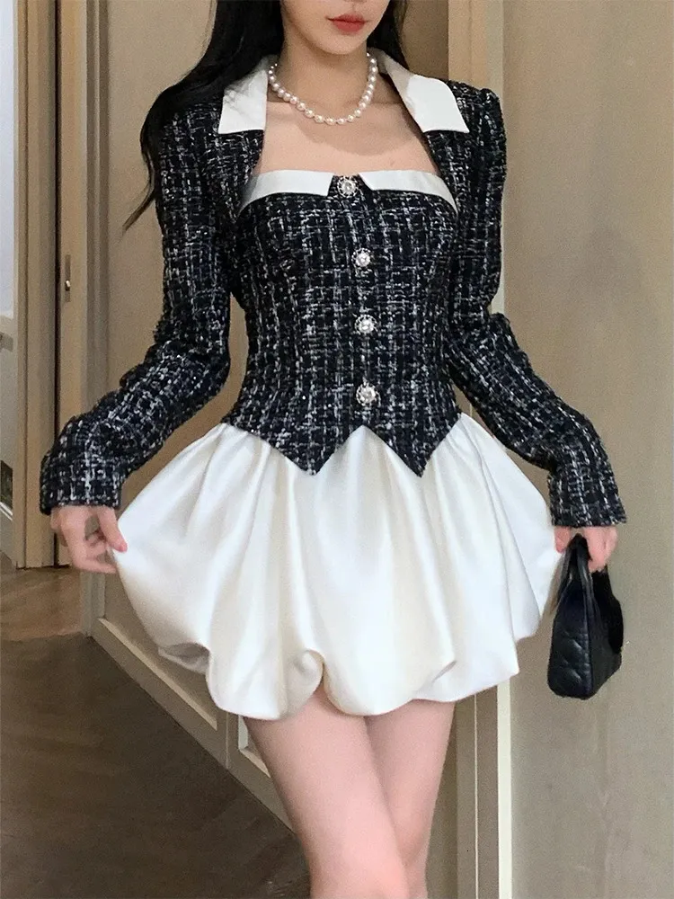 Robe de deux pièces élégante 2 ensemble femme noire crop tops slim sans manches y2k mini corest corset costume de mode coréenne 2023 automne 231218