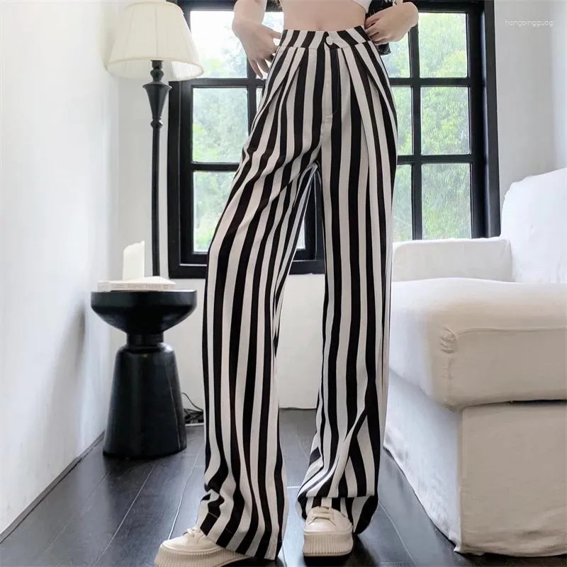 Calças femininas cintura alta preto e branco listrado perna larga verão rua versátil casual mop calças femininas