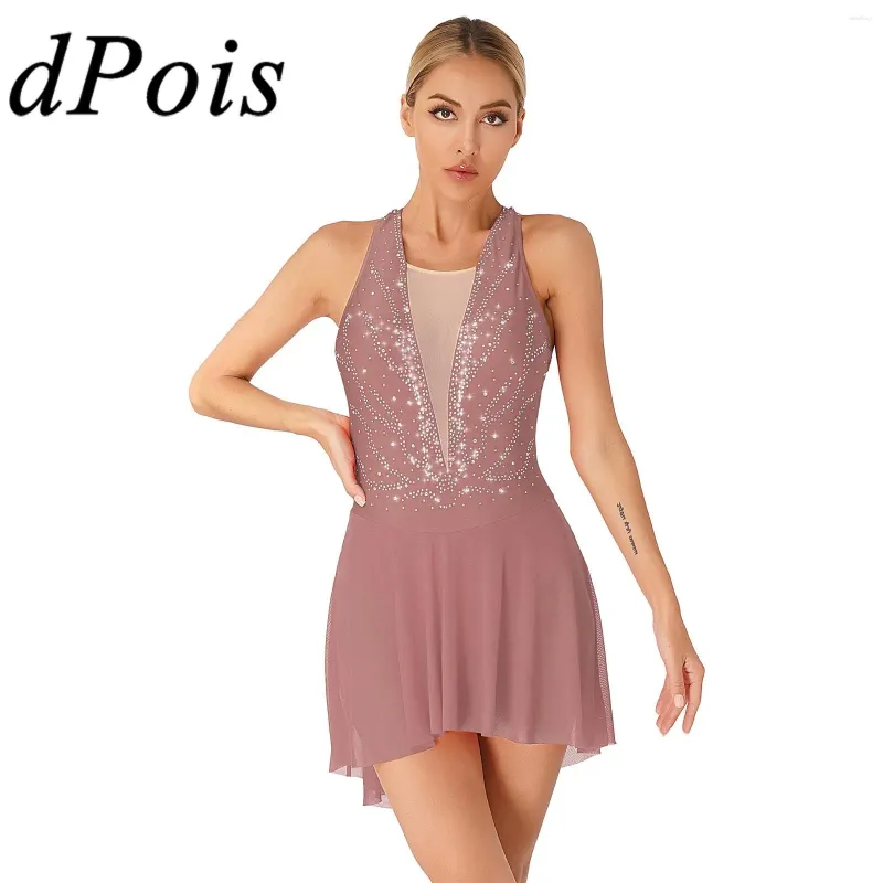 Stage Wear Robe de danse lyrique sans manches pour femmes, jupes en maille, gymnastique, justaucorps, robes de patinage artistique, vêtements de danse pour adultes