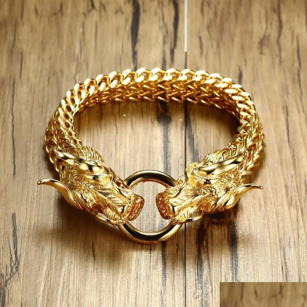 Kette Herren Punk Double Dragon Head Fischgrätenarmband für Männer Braslet Edelstahl Goldton Hip Hop Männlicher Schmuck 22 5C268F Dro Dhhfc