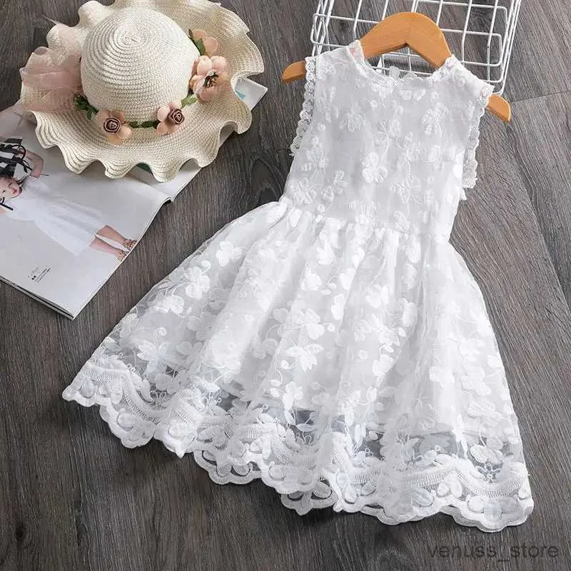 Flickans klänningar Flower Girl Lace Summer Princess Dress 3-8 Years Children Clothing White Sleeveless Casual Wear Sweet Baby Girl Dress Paety Dress
