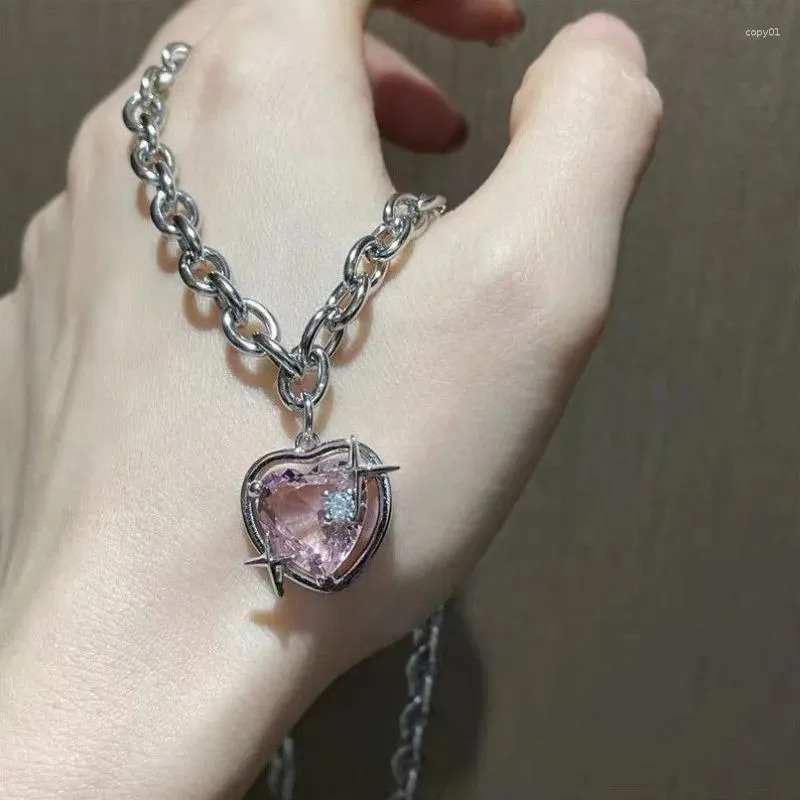 Hanger Kettingen Roze Kristal Hart Ketting Mode Y2K Kpop Glanzende Sleutelbeenketting Voor Vrouwen Meisjes Trend Partij Sieraden