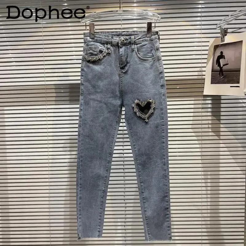 Jeans Street Hollow Heart Shape Rhinestone Jeans for Women Stretch Slim  Blue Pencil Denim Pants 2022 Summer New Pantalones De Mujer