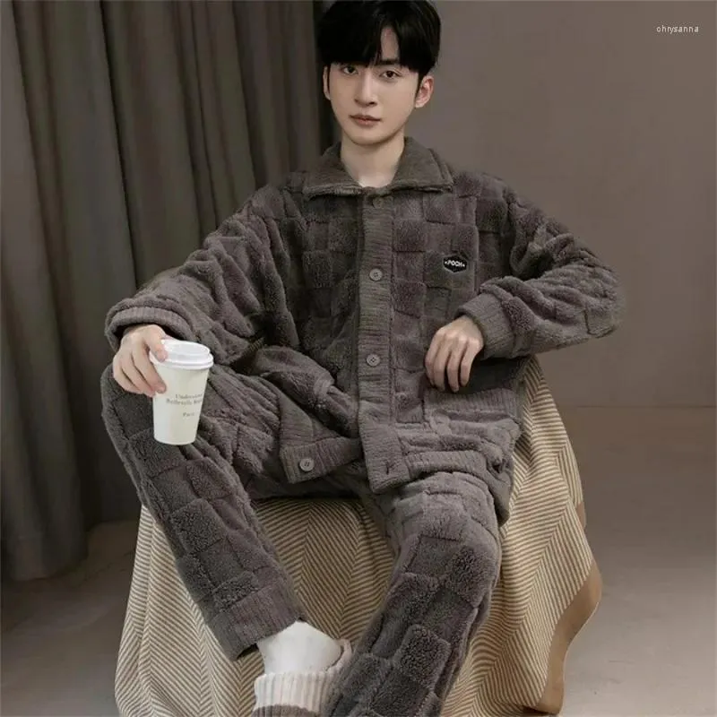 Men's Sleepwear Style Men Winter Warm Comfortable Sets 2 Pieces Thickened Homewear For Coral Fleece Fashion Nightwear Big Size