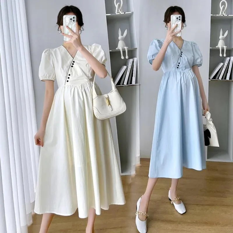 Sukienki macierzyńskie letnia sukienka pielęgniarska 2022 nowe ubrania dla kobiet w ciąży moda swobodna luźna solidna vneck koreańska ciąża vestidos