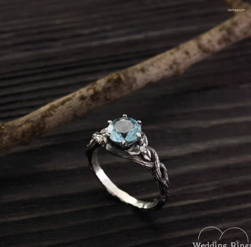 Alyans Aquamarine Vintage Vine Ring Avrupa ve Amerikalı Basit Kadın Nişan