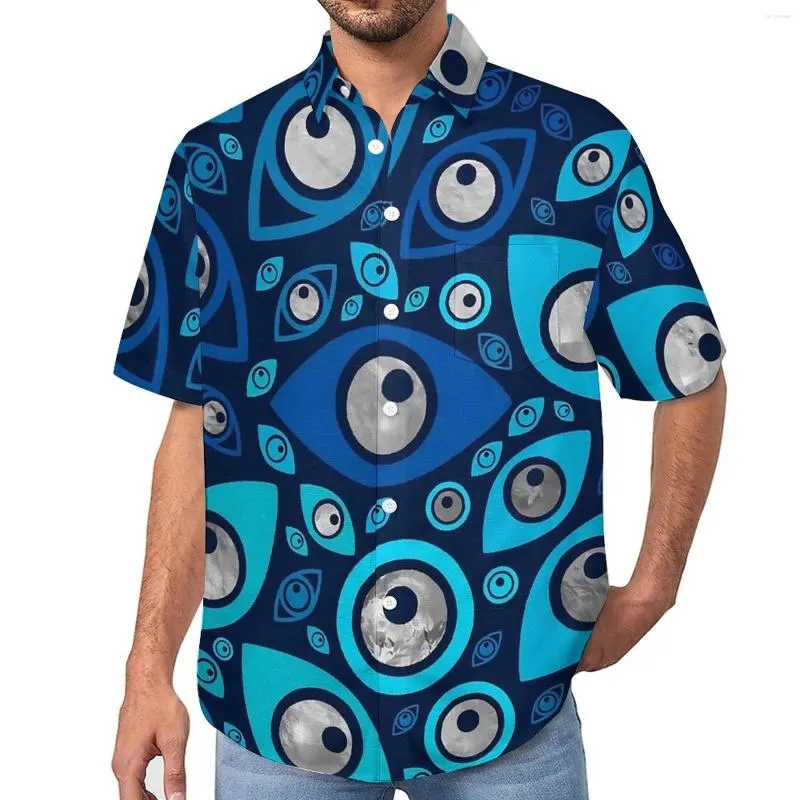 Casual overhemden voor heren Grieks boze oog los overhemd heren vakantie blauw en zilver Hawaii bedrukte korte mouwen Y2K oversized blouses