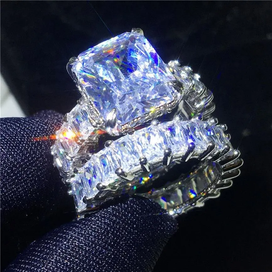Vecalon Vintage Ring Sets 925 sterling silver Princess cut Cubic Zirconia Engagement Wedding band rings for women men Jewelry CX20311N