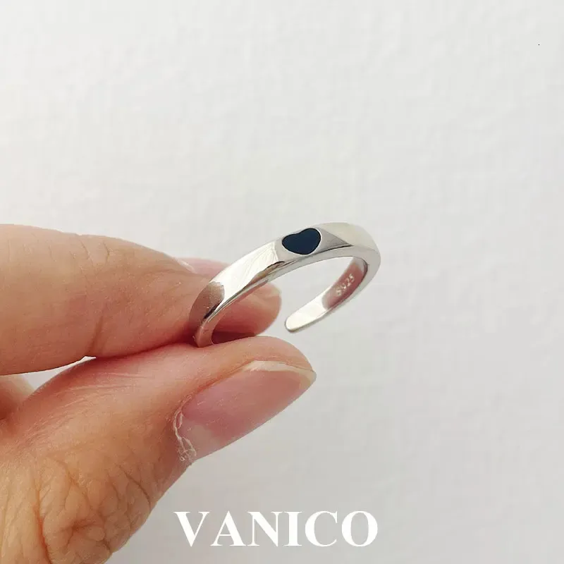 Anneaux de mariage Coeur noir bandes ouvertes bague en argent sterling 925 minimaliste simple poli plaine amour coeur bagues de fiançailles pour les femmes 231218