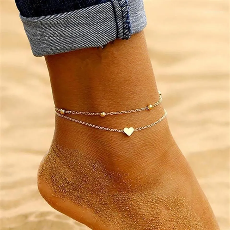 Tobillera con colgante en capas de corazón simple, joyería para pies con cuentas, tobilleras de playa de verano a pie, pulseras de tobillo para mujer, cadena de pierna 1227t