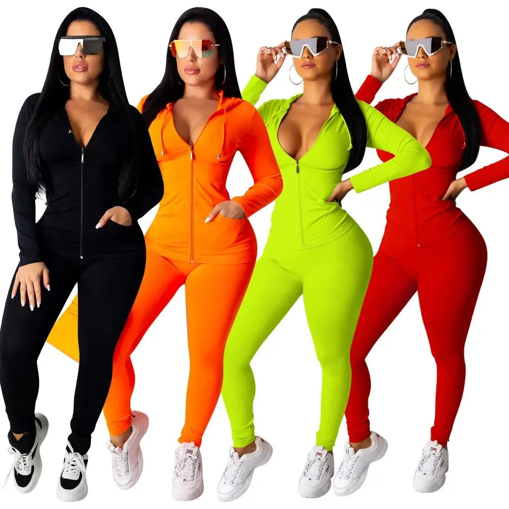 Vestido amarelo sexy magro duas peças conjunto feminino outono inverno mangas compridas com capuz zíper superior e calça de comprimento total sólido casual fatos de treino