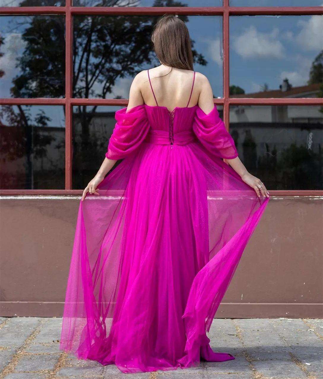 strapless open back dress Simple Hot Pink Strapless Tulle Prom Dress with Pockets – FancyVestido main image 1