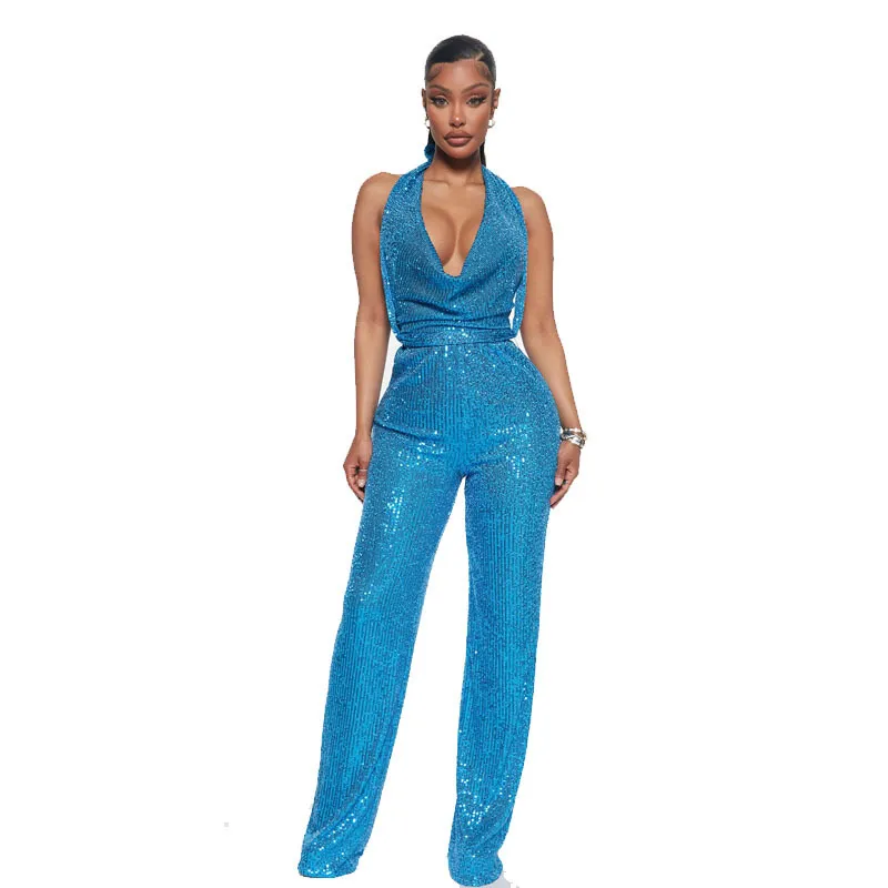 Atemberaubende blaue Mutter der Brautkleid 2024 elegante Hängehals -Jumpsuits sexy Rückenless Bräutigam Mutter Abendkleider für formale OCN -Party -Kleid