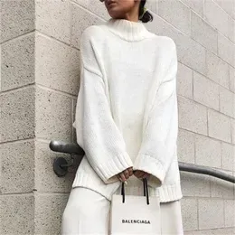 Women's Sweaters White Knitted Sweater Top Mock Neck Pullover Long Sleeve Side Slit Knitwears Fashion Women Autumn Winter Loose Jersey Pull