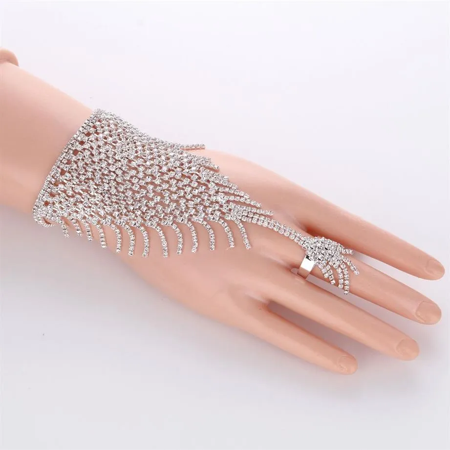 Slav Silver Hand Crystal Chain Ring Bridal Armband Bangle Rhinestone Hand Decoration Wedding Manschett Bifogad ring Set Gold2377