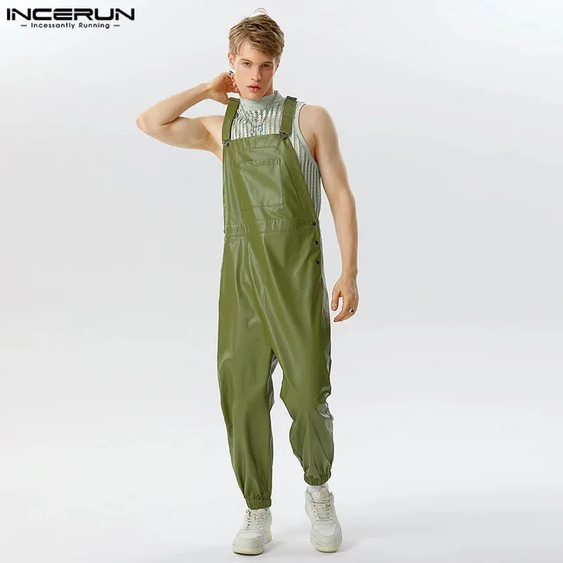 Herren Hosen Männer Overalls Faux Leder Solide Ärmellose Streetwear Hosenträger Strampler Taschen Lose Mode Lässig Männlich Overalls INCERUN 231218