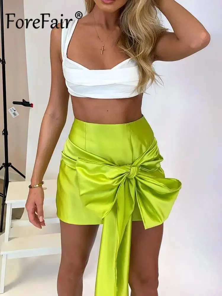 Klänningar ForeFair Bow Satin Bodycon kjol Kvinnor Green Y2K Mini 2022 Summer Autumn Red High midje Club Party Pencil kjolar