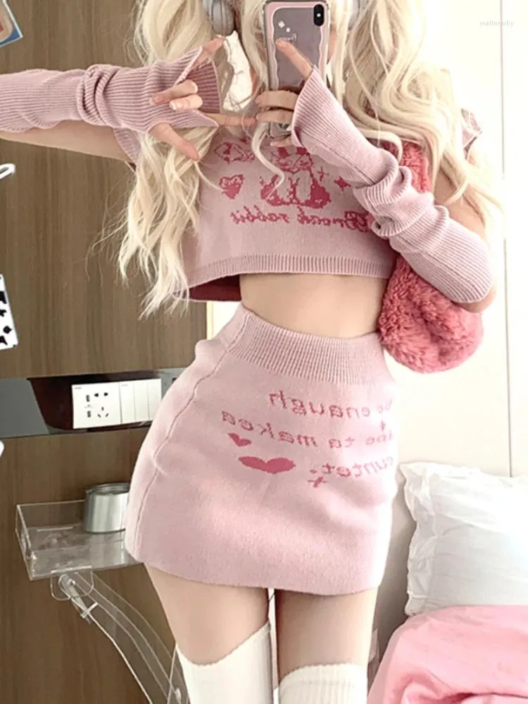 Work Dresses Pink Japanese Kawaii 3 Piece Set Women Print Sweet Cute Skirt Suit Female Knitted French Crop Tops Party Mini