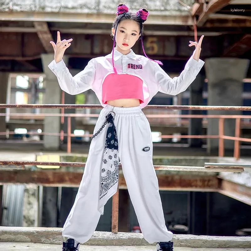 Stage Wear Children Hip-Hop Costumes White Crop Tops Long-Sleeved Loose Pants Kpop Clothing For Girls Jazz Dance Rave Clothes DDN13149