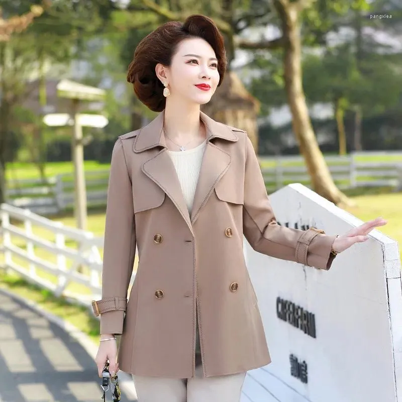 Women's Trench Coats Spring 2023 Mid Aged Jacket Solid Lace-Up Double Breasted High Quality Long Coat For Women