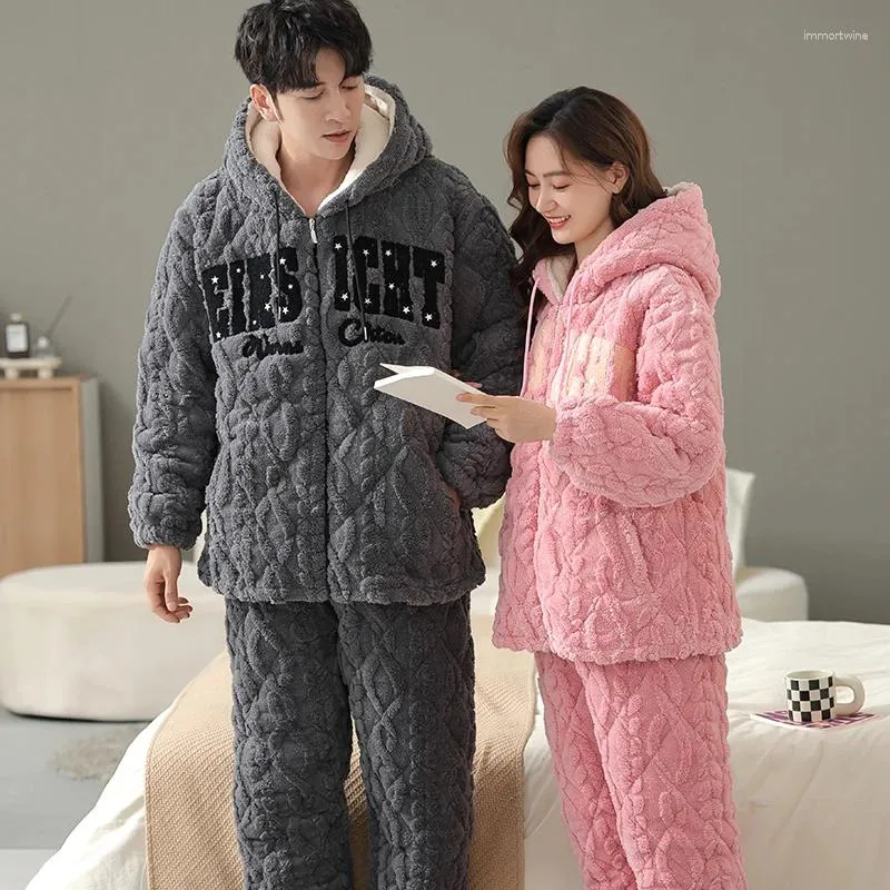 Women's Sleepwear Est Winter Hooded Pajamas Set Couple Men Women Pyjamas 3 Layer Clip Cotton Home Suit