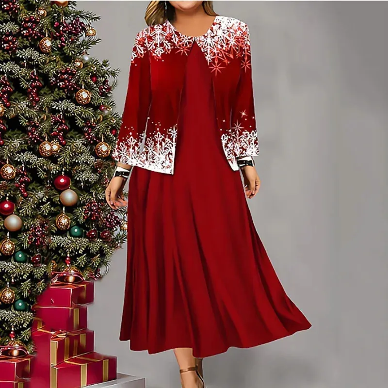 Платье из двух предметов, модные рождественские комплекты, кардиган с длинными рукавами и принтом снежинок, пальто, повседневный свободный костюм, элегантный 231218