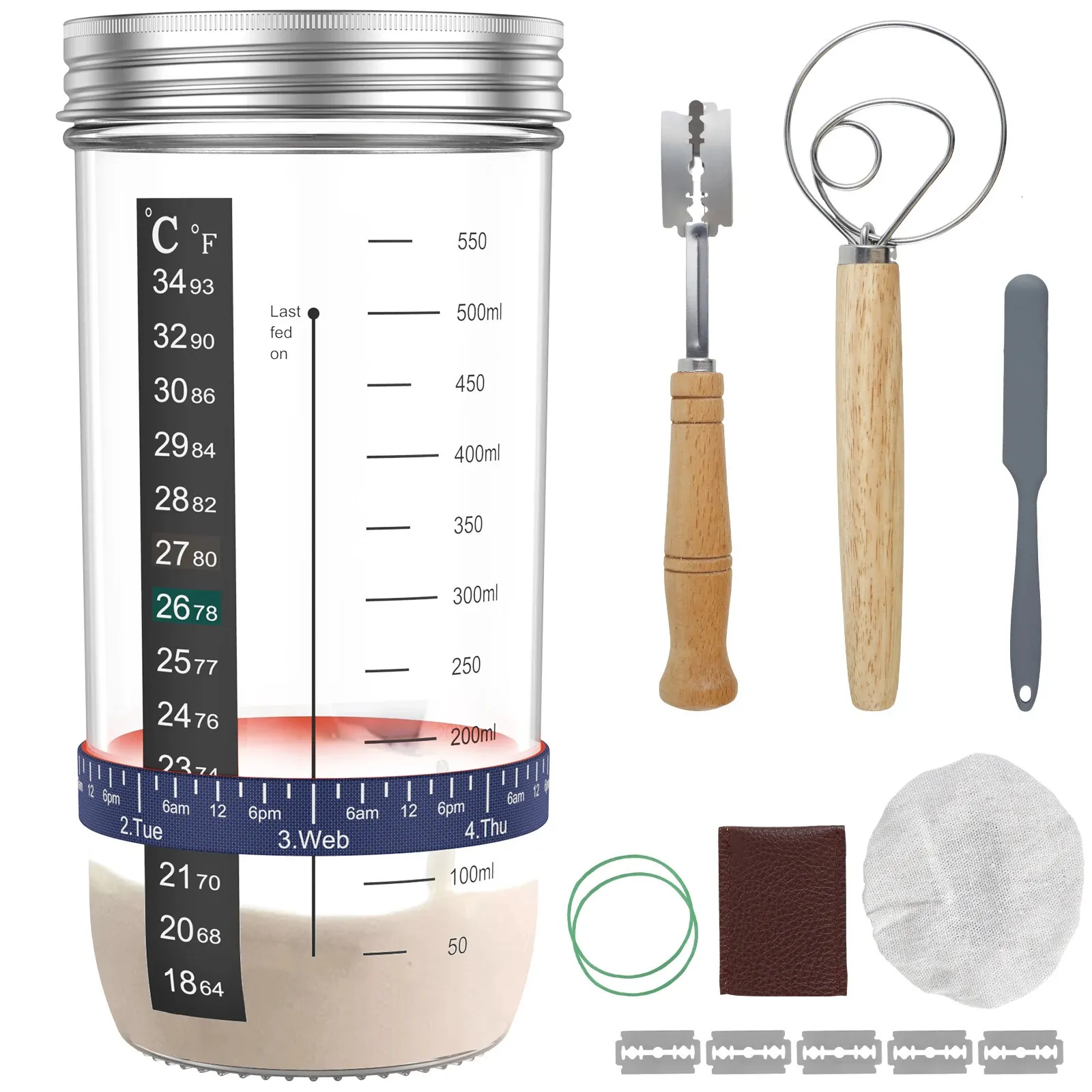 Outils de gâteau 9pcs Kit de pot de démarrage de levain 730ml Récipient résistant à la chaleur Thermomètre Réservoir de fermentation en verre Cuisson 231218