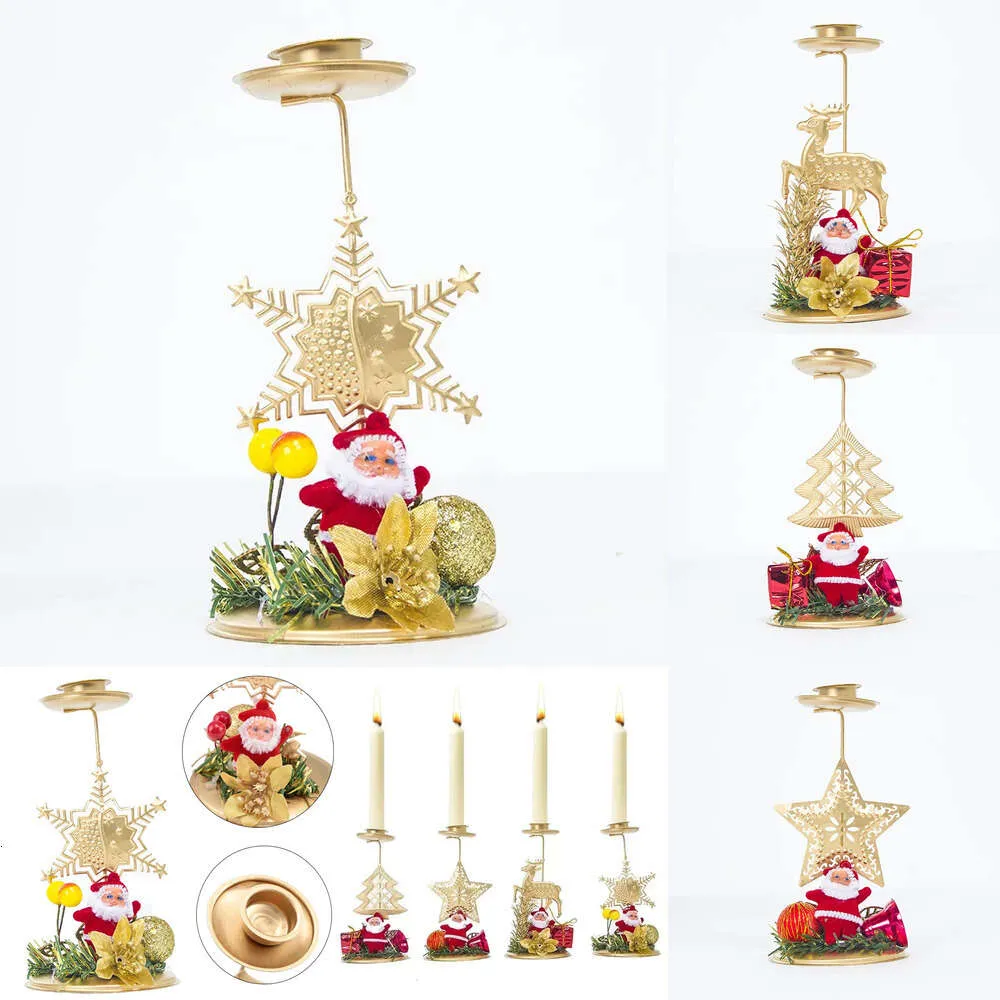 Nuevos suministros de juguetes navideños Papá Noel, copo de nieve, estrella, candelabro navideño, vela de hierro, adorno de mesa, regalo, candelabro de escritorio para decoración de mesa de Navidad