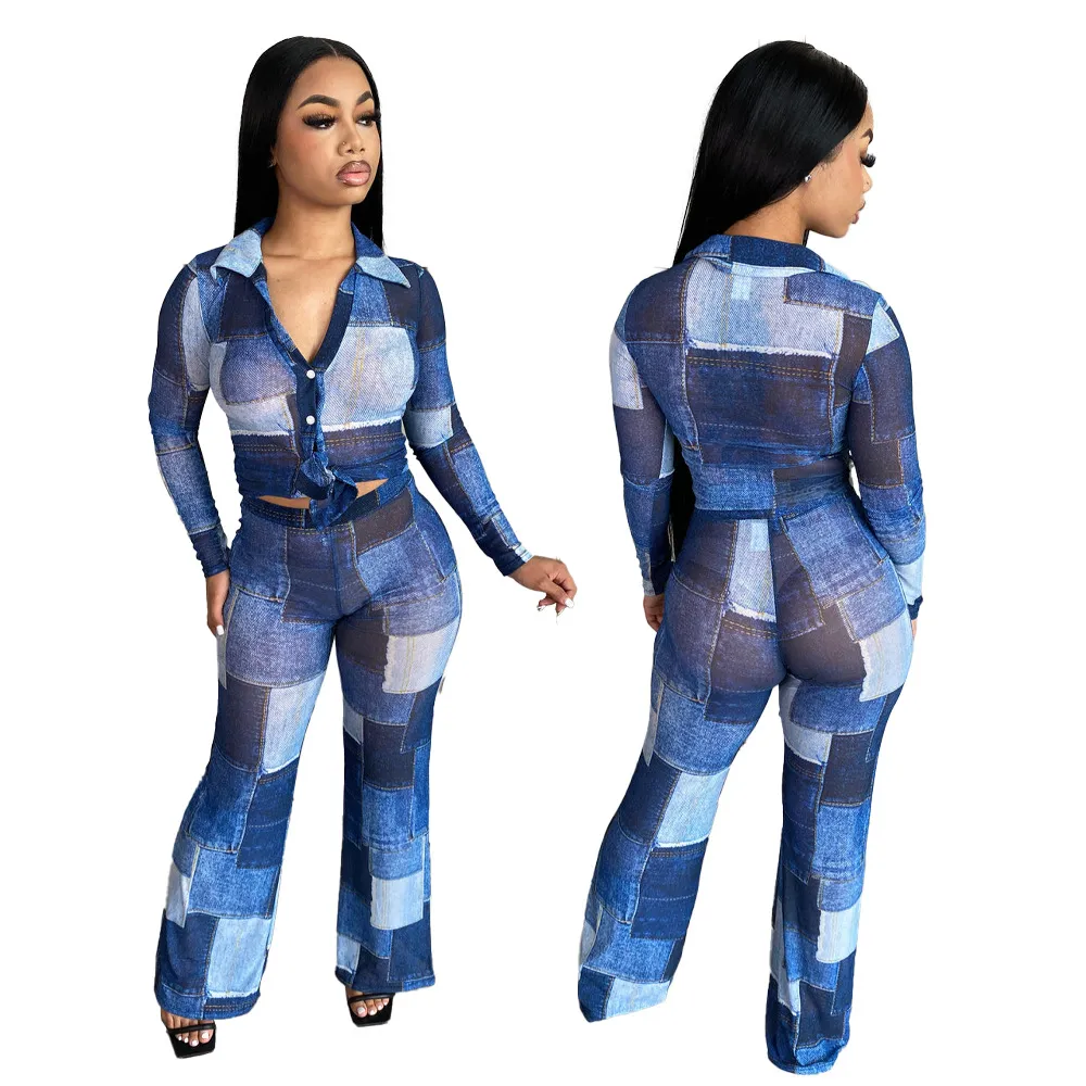 Denim Print Two Piece Set Women Casual Shirt Top and Wide Leg Pants Sets 2Pcs Outfits Free Ship