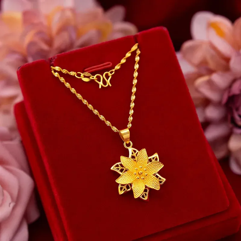 Pendant Necklaces Pure 18K Yellow Gold Necklace Pendant Women Charm Gold Chain Luxury Jewelry for Women Little Flower Pendant for Christmas Gifts 231218