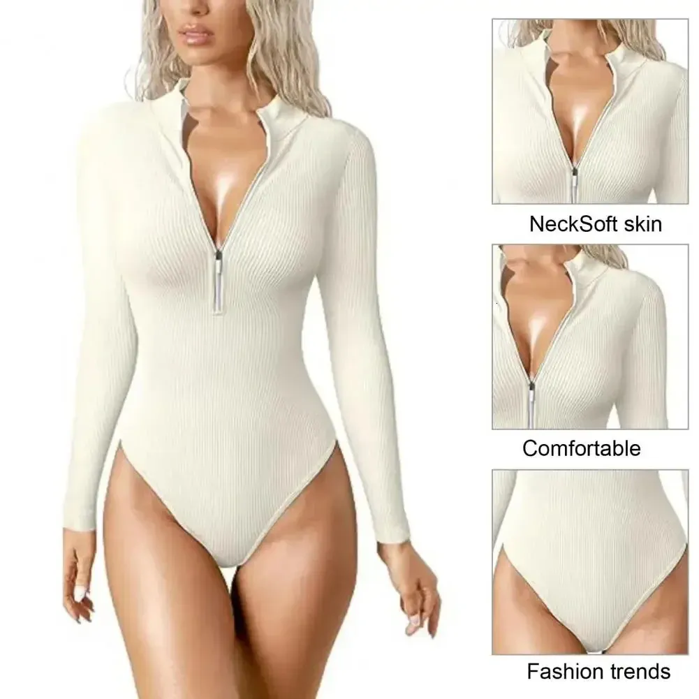 Women's Jumpsuits Rompers Half-zip Ribbed Knit Bodysuit Autumn Rompers Women Jumpsuits Zipper Long Sleeve Sexy Sheath Skinny Playsuits Yoga set 231216
