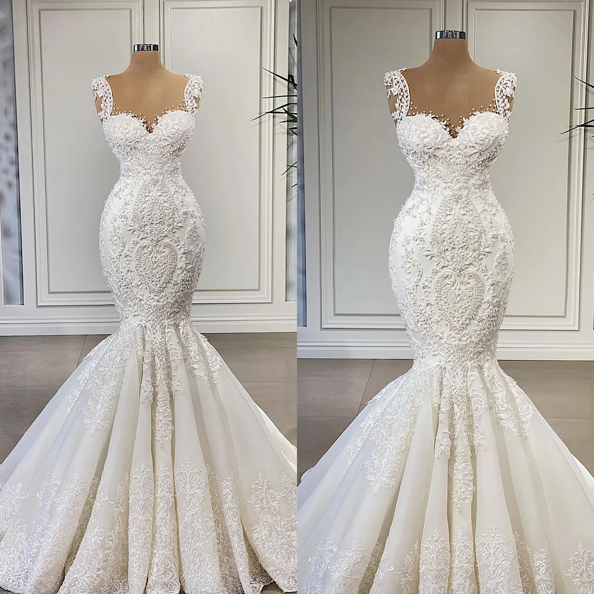 Vintage Sweetheart Beaded Lace Elegant Mermaid Wedding Dress