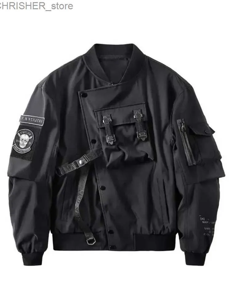 Jaquetas táticas Deus da Morte Jaqueta Bomber Bolso no Peito Techwear Homens Punk Hip Hop Tático Streetwear Preto Jaquetas Varsity Oversized MA1 CoatsL231218