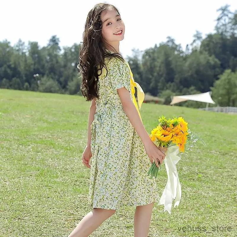 Платья для девочек, летнее платье для девочек, детские платья с цветочным принтом, новинка 2023 года, милые платья принцессы для больших детей, одежда для девочек-подростков