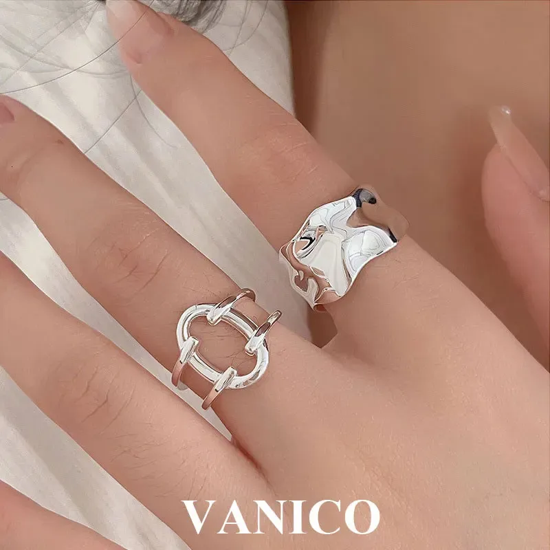 Pierścienie ślubne grube nieregularne otwarte pierścienie 925 Sterling Srebrny Koreańszy Trendy Minimalistyczne proste zwykłe, grube, regulowany pierścień dla kobiet 231218