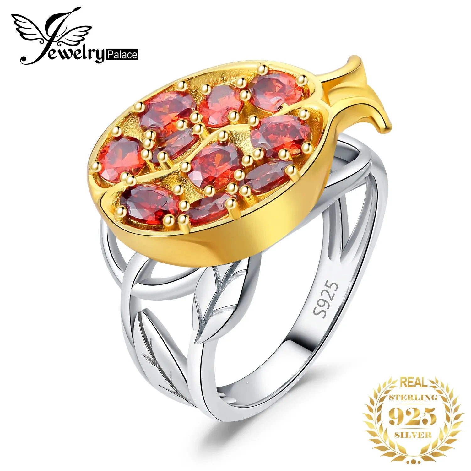 Wedding Rings Jewelry Arrival Pomegranate Leaf Red Gemstone 925 Sterling Silver Cocktail Ring for Woman Fashion Yellow Gold Plated 231218