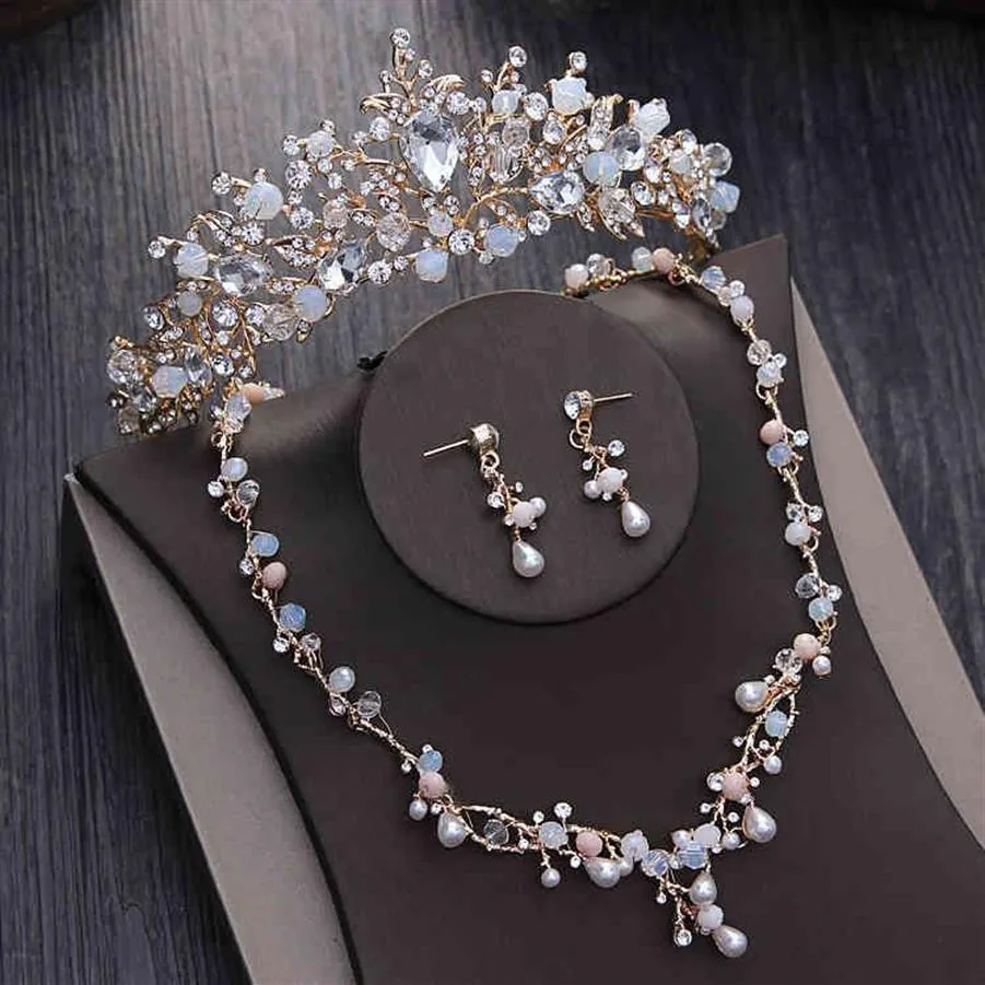 Edle Kristallperlen Perle Gold Braut Sets Strass Diadem Tiaras Halskette Ohrringe Barock Krone Hochzeit Schmuck Set1869