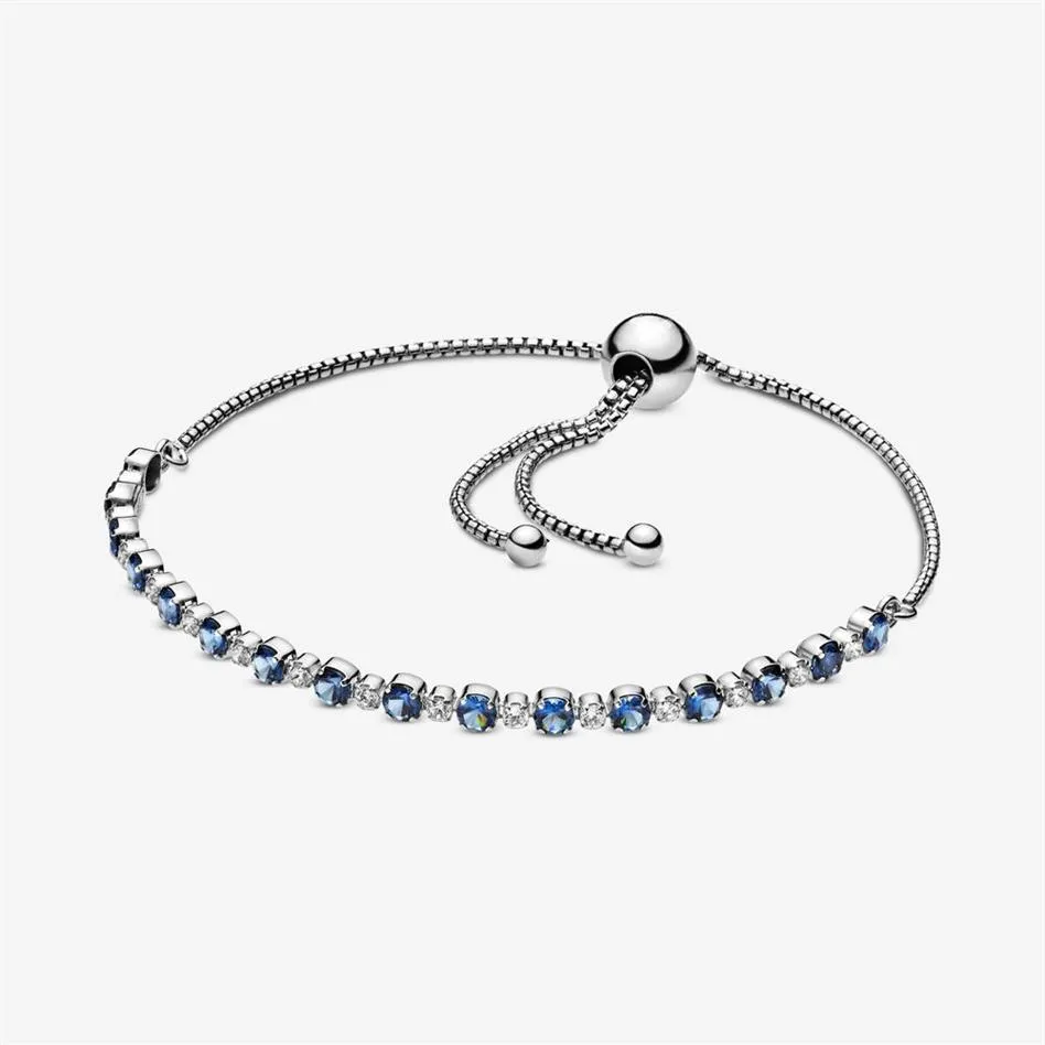 Pulsera de eslabones deslizantes con brillo azul y transparente, cadena de circonita cúbica ajustable de plata de ley 100% 925 para mujer, boda de moda Eng288L