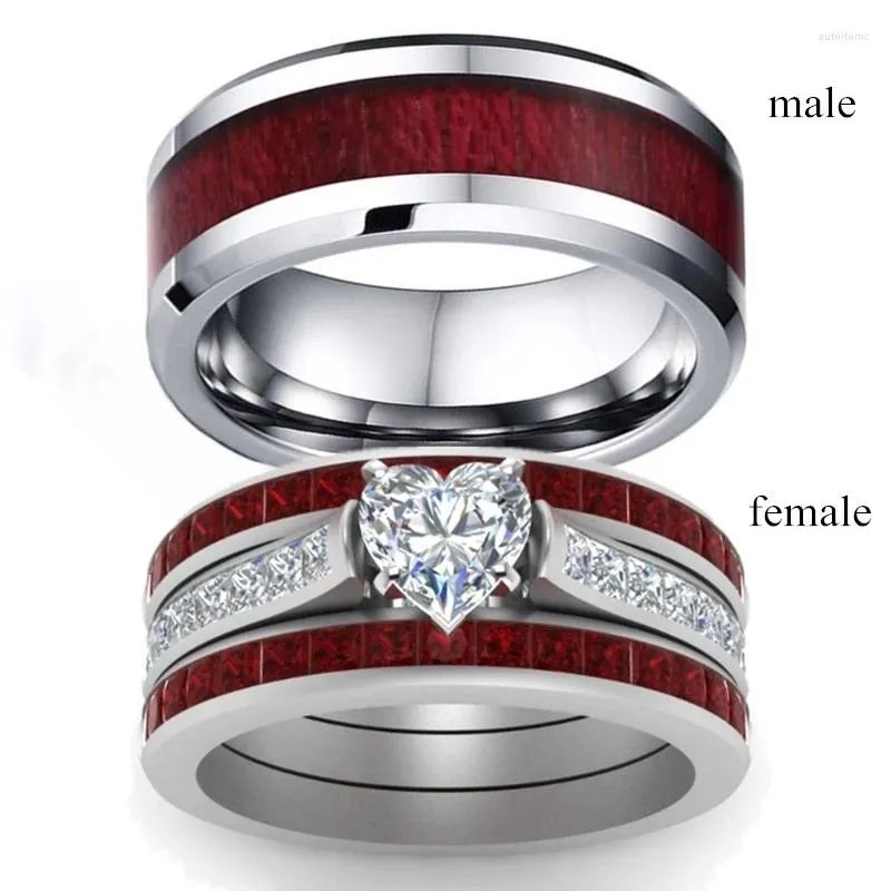 Cluster Ringen Mode Paar Voor Vrouwen Hart Wit Kristal CZ Set Eenvoudige Mannen Rvs Houten Ring Trouwring Sieraden Geschenken