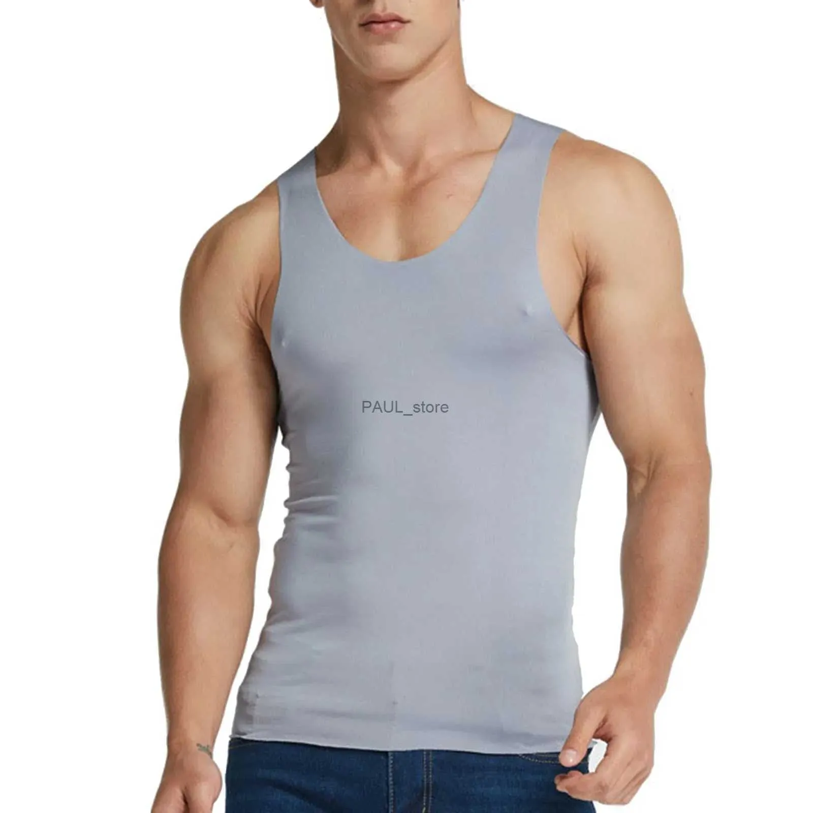 Ice Silk Men's Tank Top Seamless Slim Fit Undershirt, Body Shaper Vest  for Fitness, Running Everyday Wear Breathable Comfortable