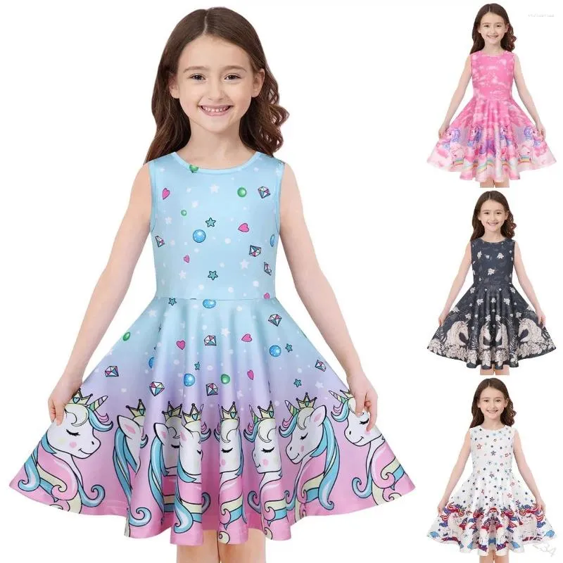 Vestidos para niñas Vestido acampanado sin mangas con estampado de dibujos animados y cuello redondo lindo para niñas