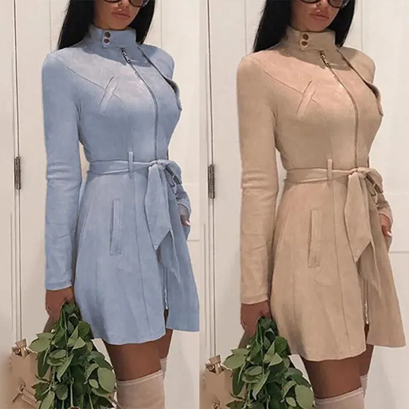 Dresses Autumn Winter Women's Dresses Solid Color Zipper Turtleneck Long Sleeve Suede Women Dress with Belt Business Work Bodycon