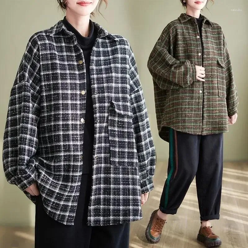 Kurtki damskie Prześścisk magazynowy Zagusta wełniana kurtka koszuli w kratę na jesień i zimowe retro średniej długości swobodne luźne top