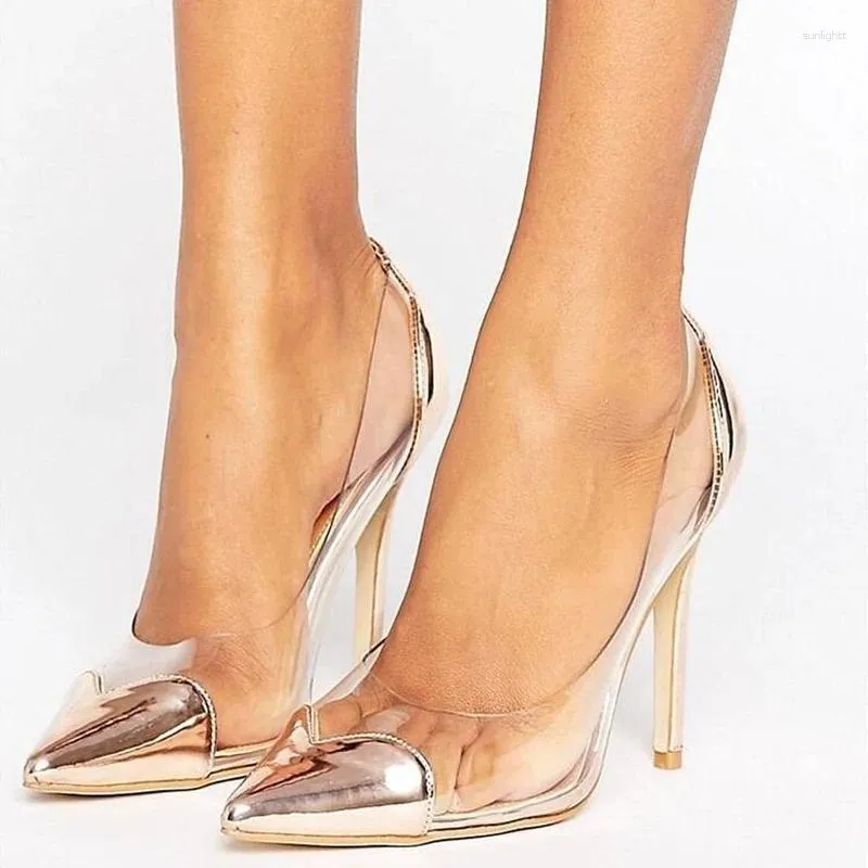 Klänningskor Champagne Heart Pointy Toe Clear PVC Pumps Transparent Metallic Leather Patchwork Stiletto Heel 12cm 10cm 8cm