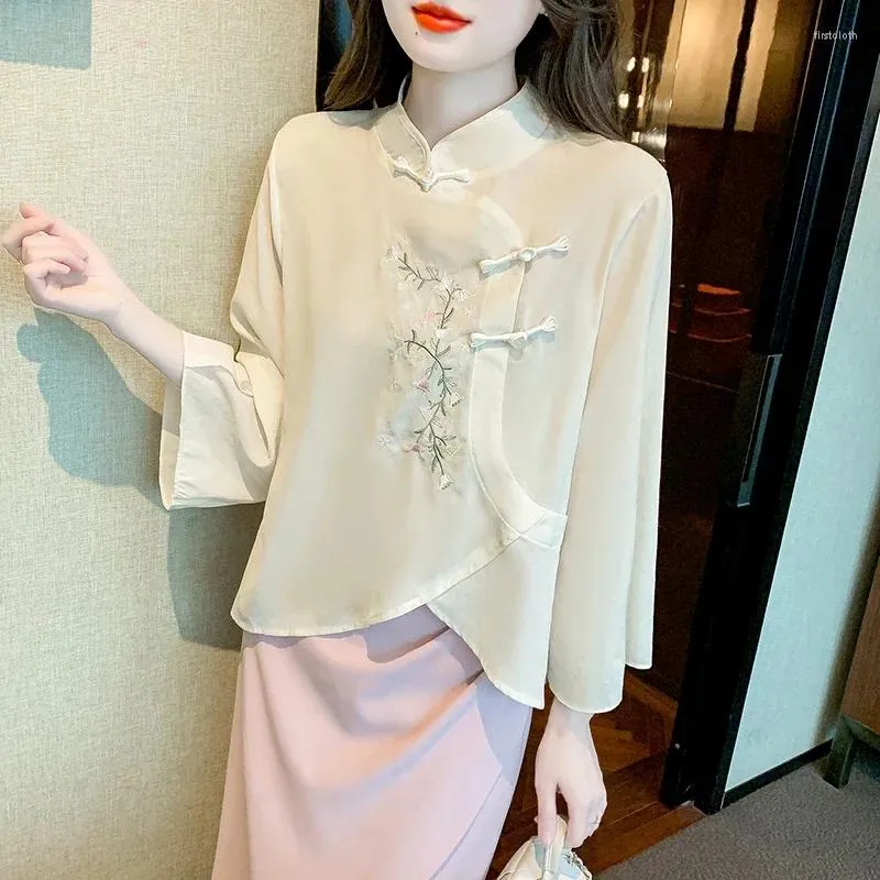 Women's Blouses Chiffon Shirts Embroidery Loose Chinese Style Ladies Clothing Fashion Three Quarter Spring/Summer Tops YCMYUNYAN