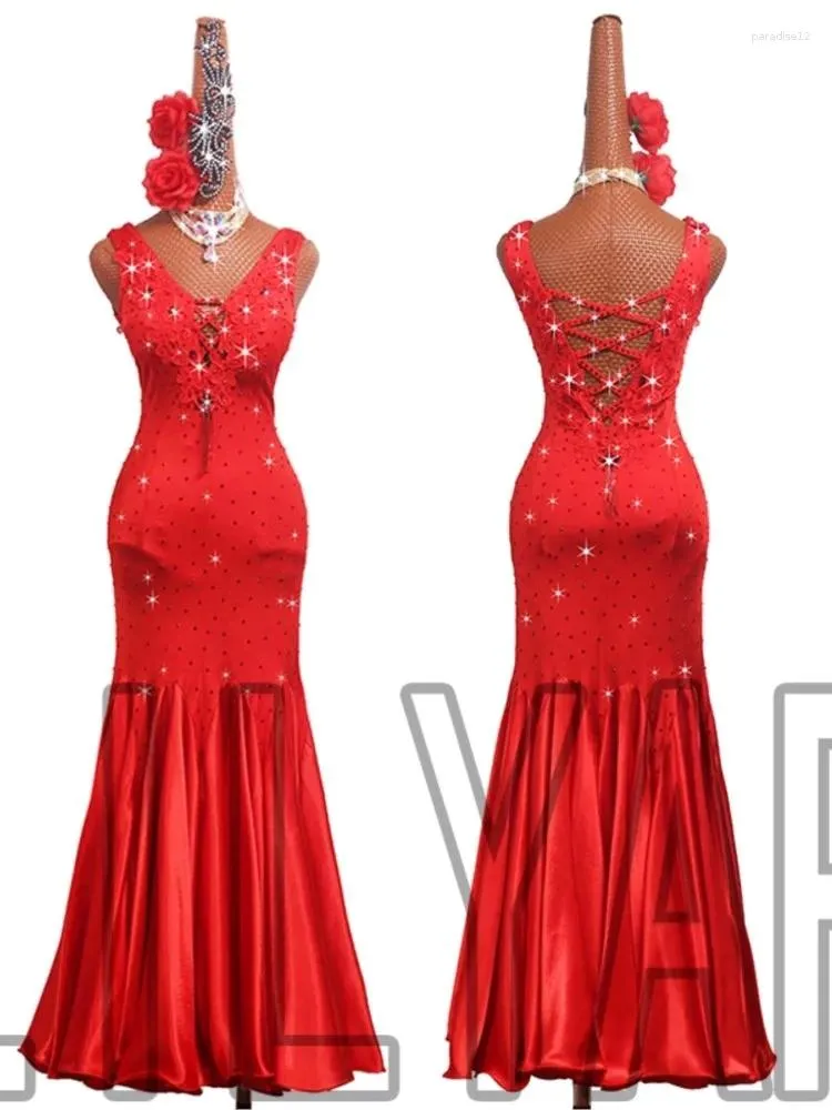 Stage Wear Modern Competition Performance Dress Big Red Slim Fit Swing Sparkling Diamond Long Dance Skirt