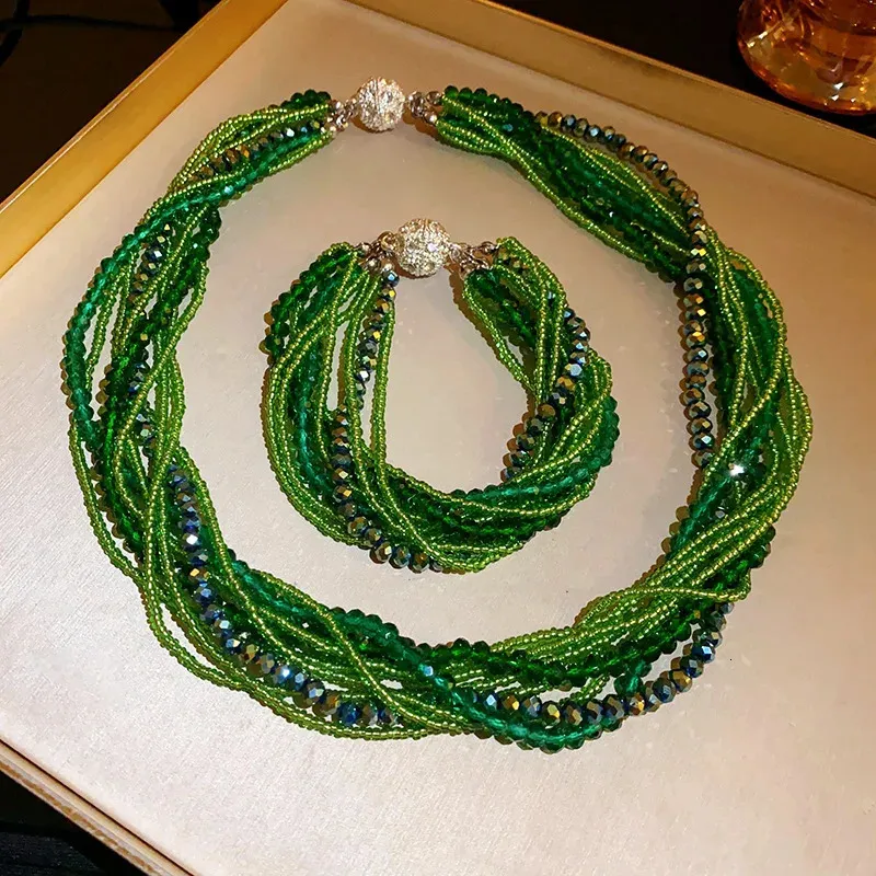 Ensembles de bijoux de mariage FYUAN bohême vert Champagne cristal mini perles collier Bracelet pour les femmes fête Banquet 231216