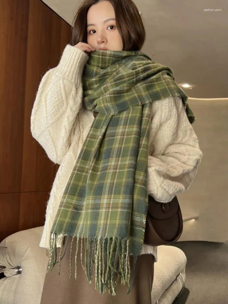 Scarves 2023 Winter Imitation Cashmere Women Scarf Preppy Style Vintage Plaid Scarve Pashmina Mujer Foulard Blanket Wrap Shawl